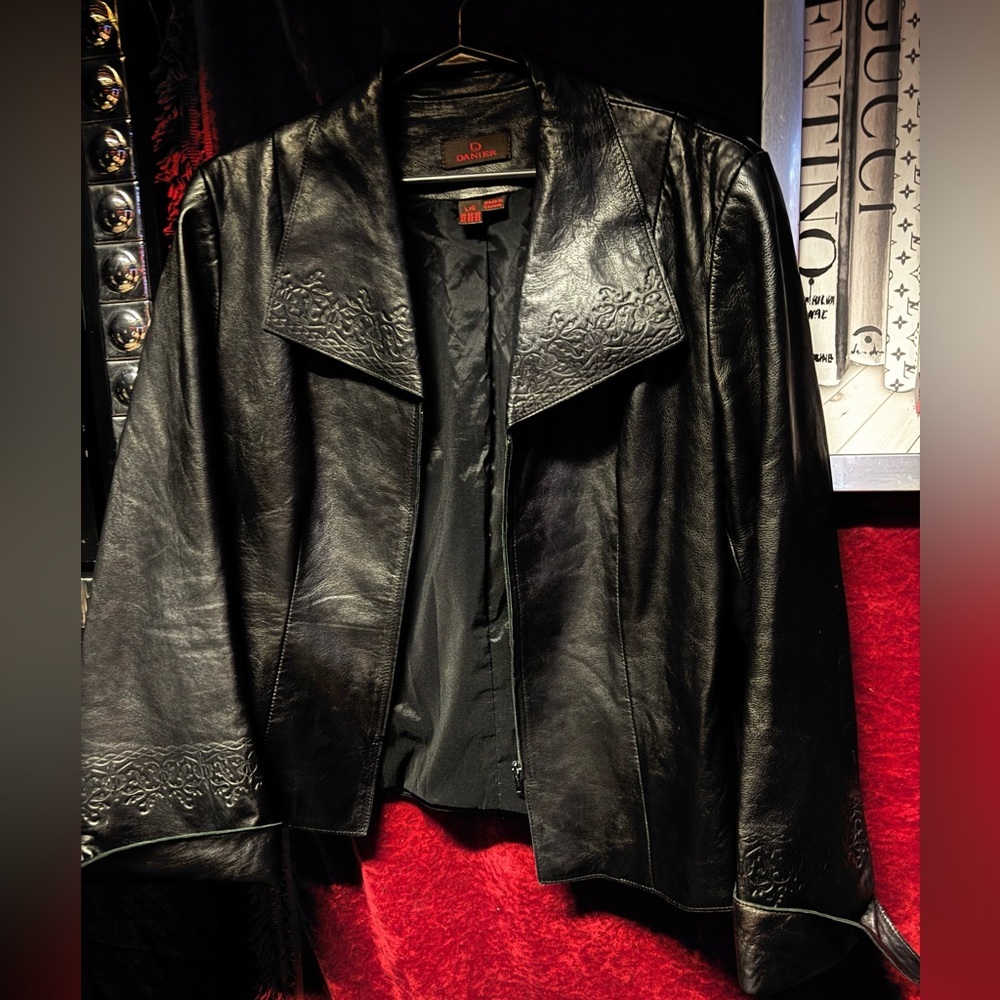 Rare DANIER Leather Embossed Elegant Black shiny Sleek and Elegant